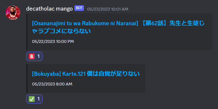 Screenshot of decatholac MANGO announcing new manga chapters in a Discord channel.