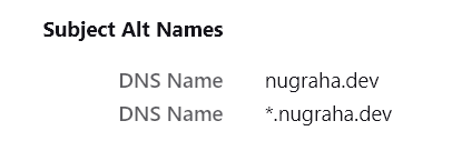 Screenshot of a part of the certificate details listing two DNS names, one being nugraha.dev and *.nugraha.dev.